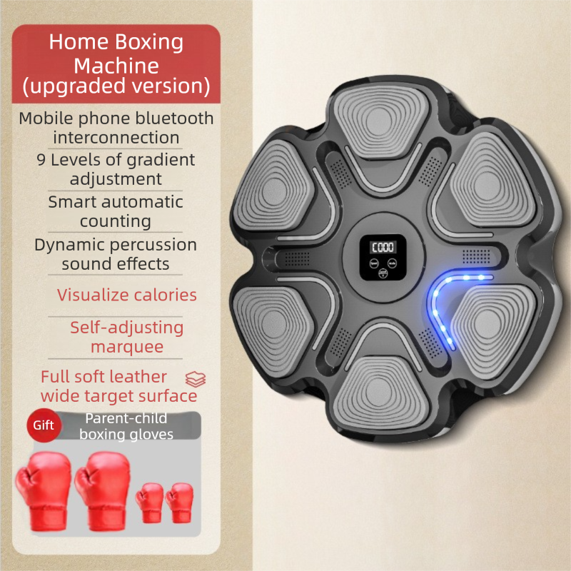 Black 6-Target Sensor Smart Bluetooth Music Boxing Kit with Parent-Child Gloves - Electronic Wall Punch Pad, Drill-Free & Detachable, Screen Counter, USB Rechargeable