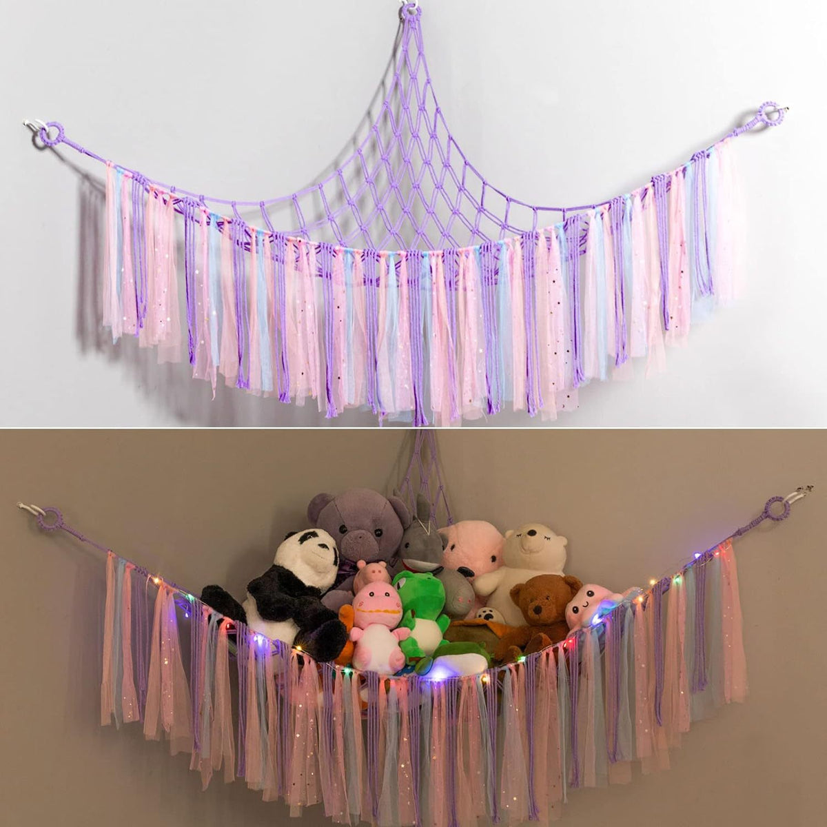 Purple Corner Plush Toy Organizer (100x100x150cm)  with Ribbon Accent &amp; Installation Kit -  Handwoven Cotton Mesh Toy Storage Hammock