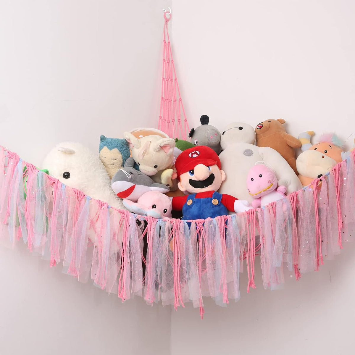 Pink Corner Plush Toy Organizer (100x100x150cm)  with Ribbon Accent &amp; Installation Kit -  Handwoven Cotton Mesh Toy Storage Hammock
