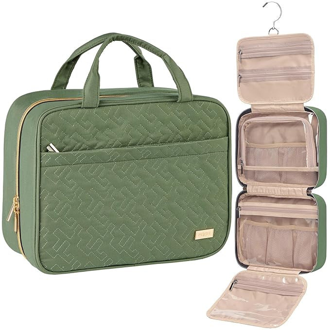 Green Large Capacity Hanging Toiletry Bag for Women(30.5 x 22.5 x 12 cm) - Checked Pattern Waterproof Cosmetic Organizer, Dry/Wet Separation &amp; Multi-Compartment