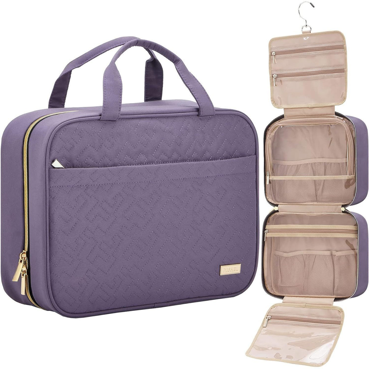 Purple Large Capacity Hanging Toiletry Bag for Women(30.5 x 22.5 x 12 cm) - Checked Pattern Waterproof Cosmetic Organizer, Dry/Wet Separation &amp; Multi-Compartment