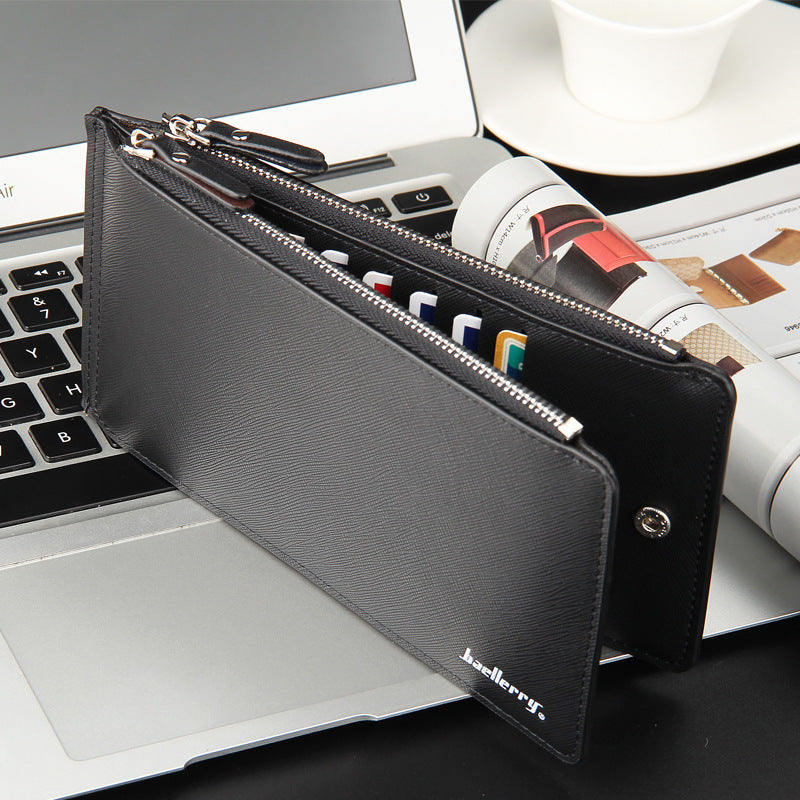 Black Men's Slim Long Bi-Fold Wallet - Multi-Card Holder &amp; Credit Card Organizer with Coin Pocket, Simple PU Leather Clutch