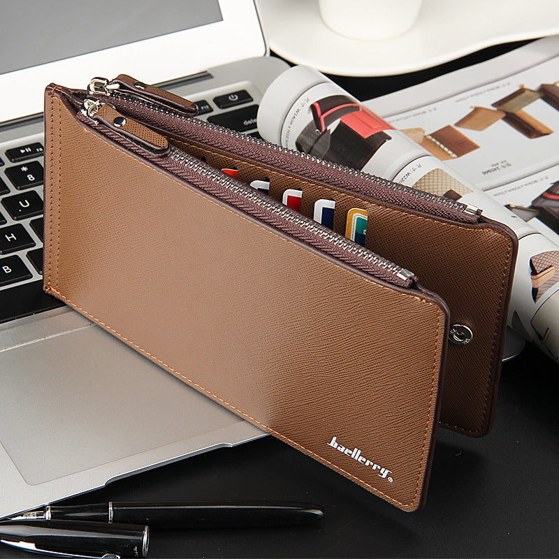 Brown Men's Slim Long Bi-Fold Wallet - Multi-Card Holder &amp; Credit Card Organizer with Coin Pocket, Simple PU Leather Clutch