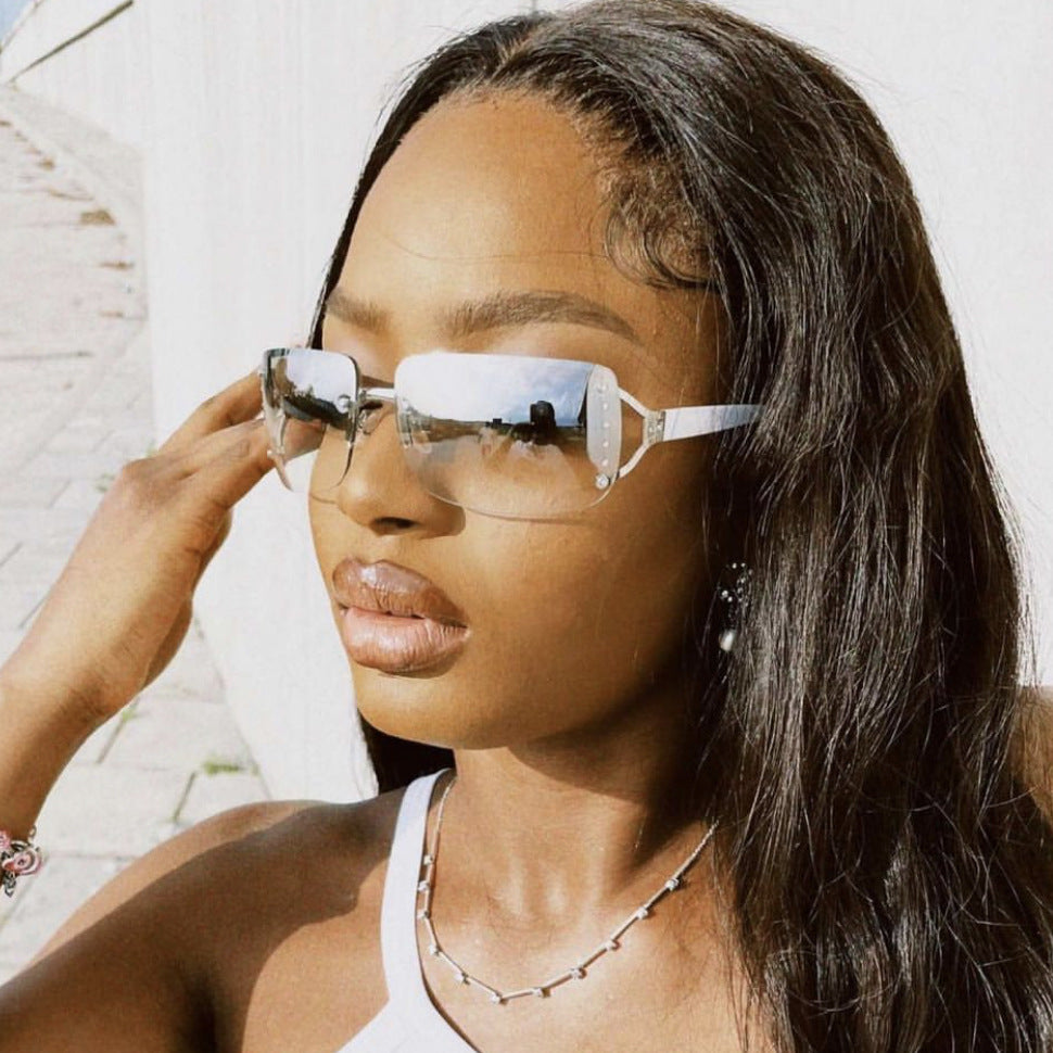 Y2K Rimless Butterfly UV400 Sunglasses for Women(Grey Gradient) - Bling Rhinestone Square Frameless, Sweet & Cool Fashion