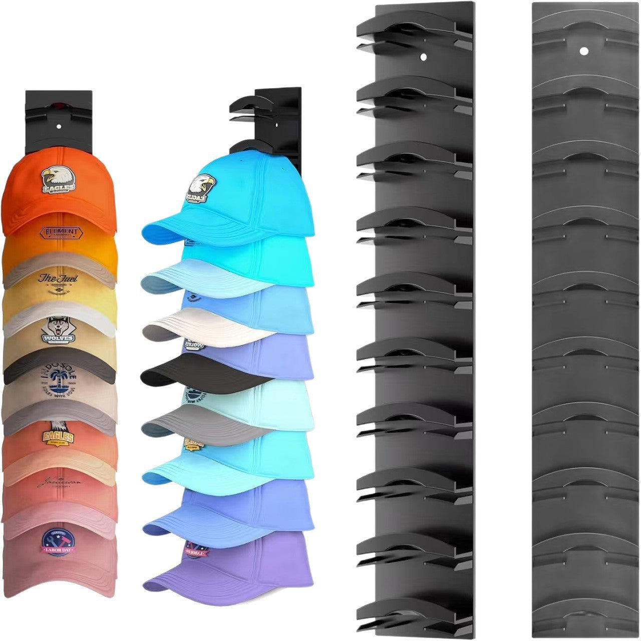 2-Pack 10-Tier Black Wall-Mounted Hat Rack with Installation Accessories - Space-Saving Plastic Baseball Cap and Other Hat Organizers