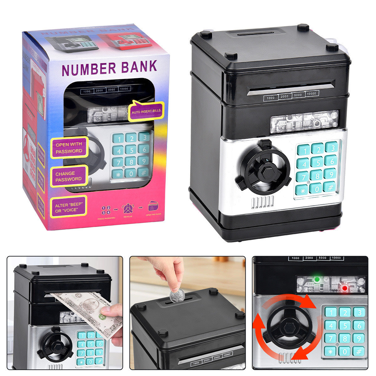 2-Piece Black Smart ATM Piggy Banks - Kids Electronic Money Safe with Password Lock &amp; Auto-Roll in/out Feature