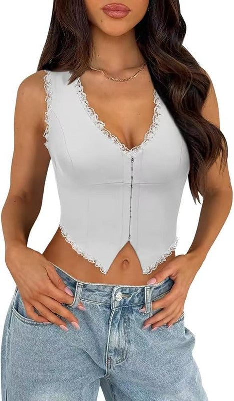 2-Pack White French Vintage Lace Splice Camisole(M Size) - Slim Fit Halter Top with Back Detail and Button Placket
