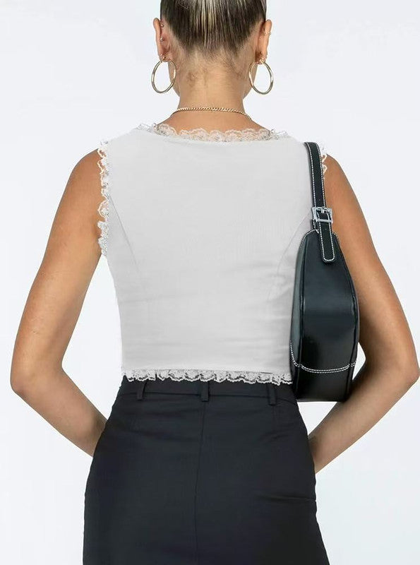 2-Pack White French Vintage Lace Splice Camisole(M Size) - Slim Fit Halter Top with Back Detail and Button Placket