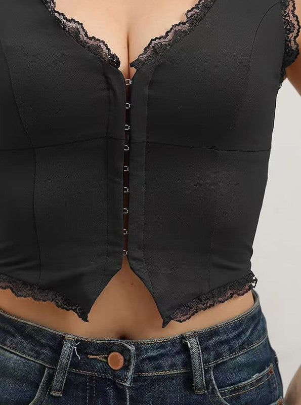 2-Pack Black French Vintage Lace Splice Camisole(S Size) - Slim Fit Halter Top with Back Detail and Button Placket