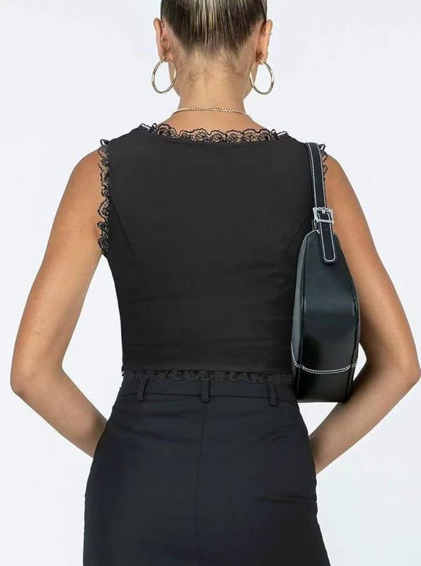 2-Pack Black French Vintage Lace Splice Camisole(M Size) - Slim Fit Halter Top with Back Detail and Button Placket