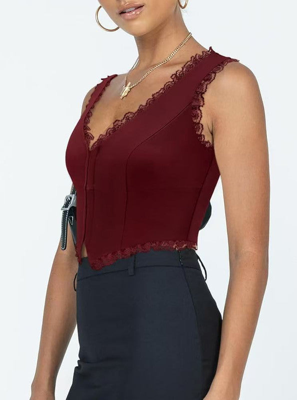 2-Pack Red French Vintage Lace Splice Camisole(M Size) - Slim Fit Halter Top with Back Detail and Button Placket