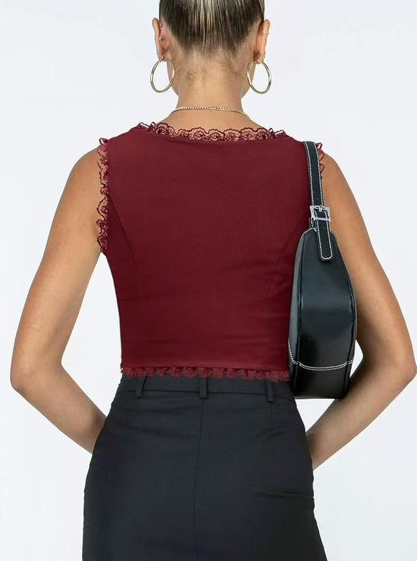 2-Pack Red French Vintage Lace Splice Camisole(L Size) - Slim Fit Halter Top with Back Detail and Button Placket