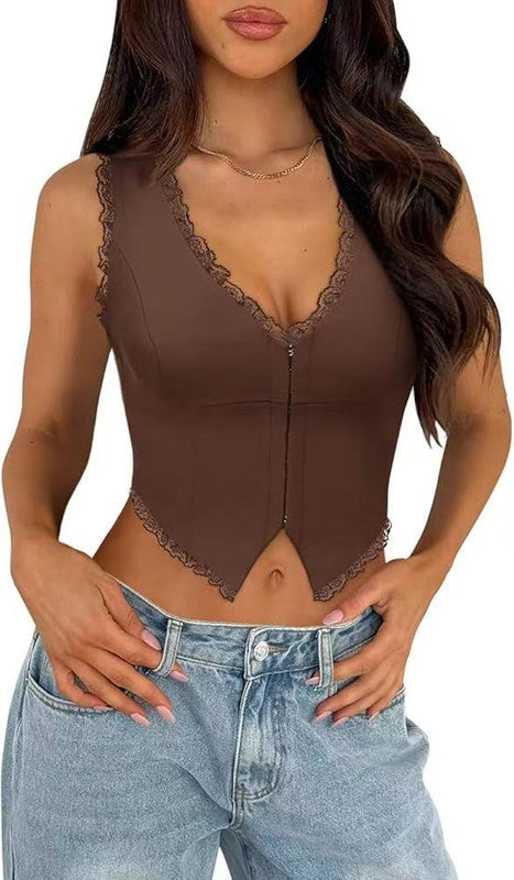 2-Pack Brown French Vintage Lace Splice Camisole(S Size) - Slim Fit Halter Top with Back Detail and Button Placket