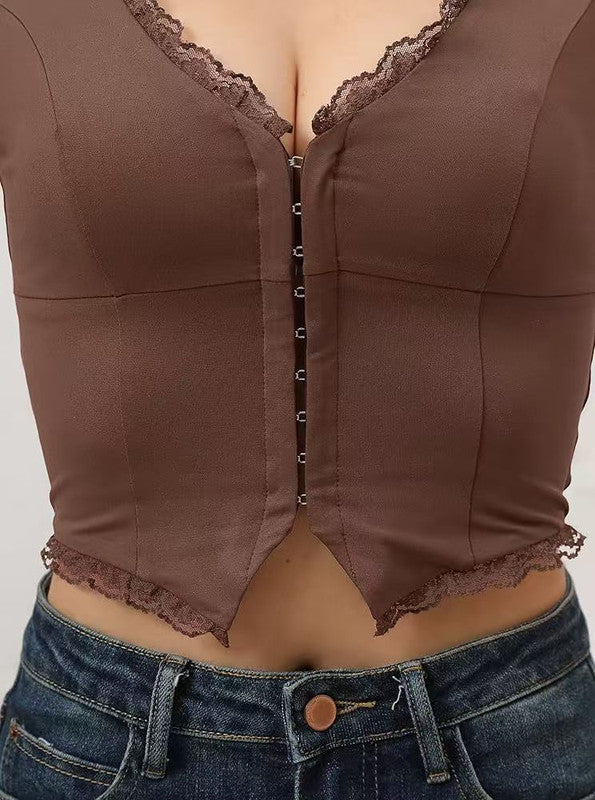 2-Pack Brown French Vintage Lace Splice Camisole(L Size) - Slim Fit Halter Top with Back Detail and Button Placket