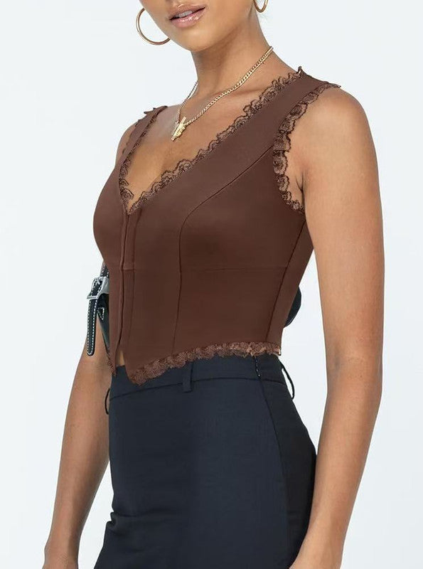 2-Pack Brown French Vintage Lace Splice Camisole(L Size) - Slim Fit Halter Top with Back Detail and Button Placket