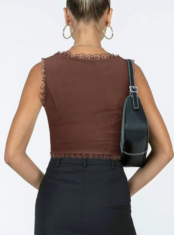 2-Pack Brown French Vintage Lace Splice Camisole(XL Size) - Slim Fit Halter Top with Back Detail and Button Placket