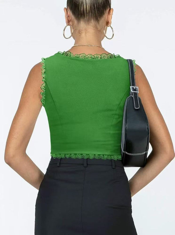 2-Pack Green French Vintage Lace Splice Camisole(2XL Size) - Slim Fit Halter Top with Back Detail and Button Placket