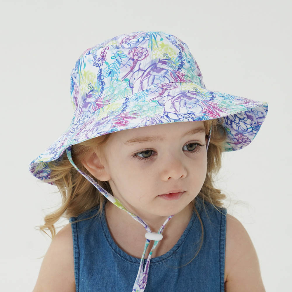 2-Pack Purple Flower Pattern Kids Sun Hat and Travel Beach Fisherman Cap(S Size for Head Circumference 48-50) - Breathable UV Protection Cap