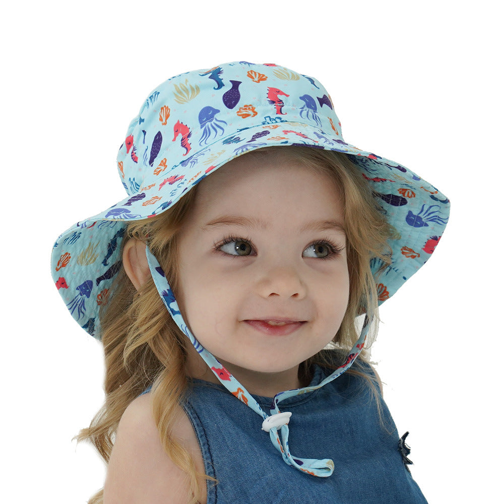2-Pack Blue Seahorse Pattern Kids Sun Hat and Travel Beach Fisherman Cap(S Size for Head Circumference 48-50) - Breathable UV Protection Cap