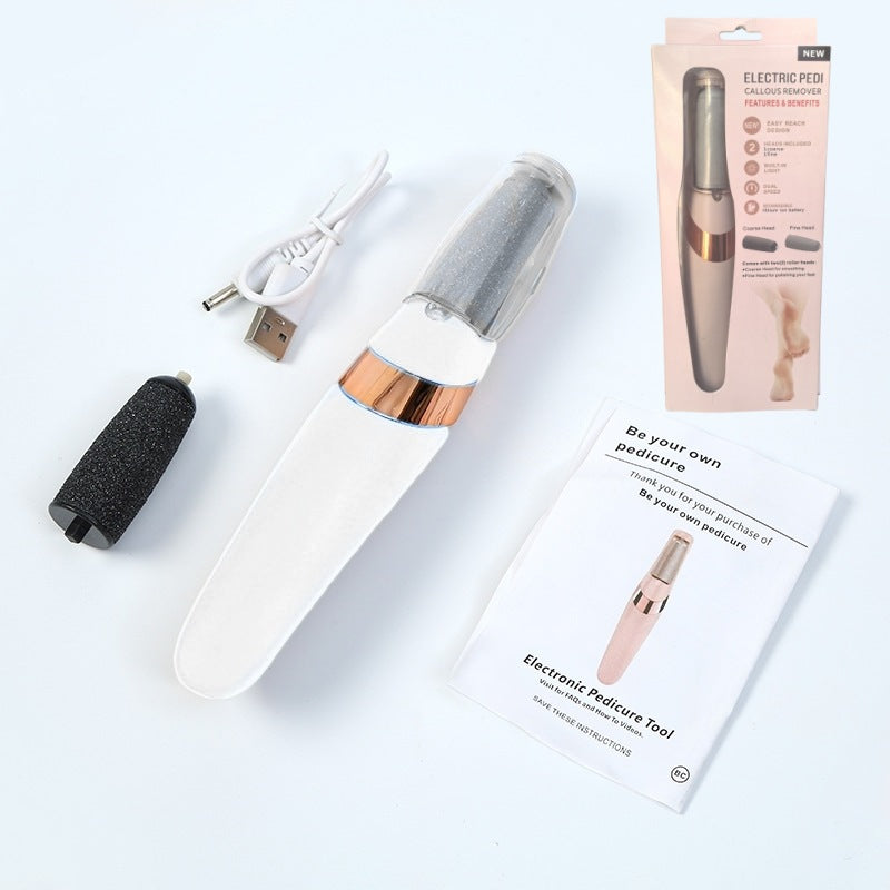 White Wireless Electric Foot Grinder With Two Heads - Automatic Pedicure Tool for Removing Callus and Dead Skin, Portable Small Handheld Design &amp; USB Rechargeable