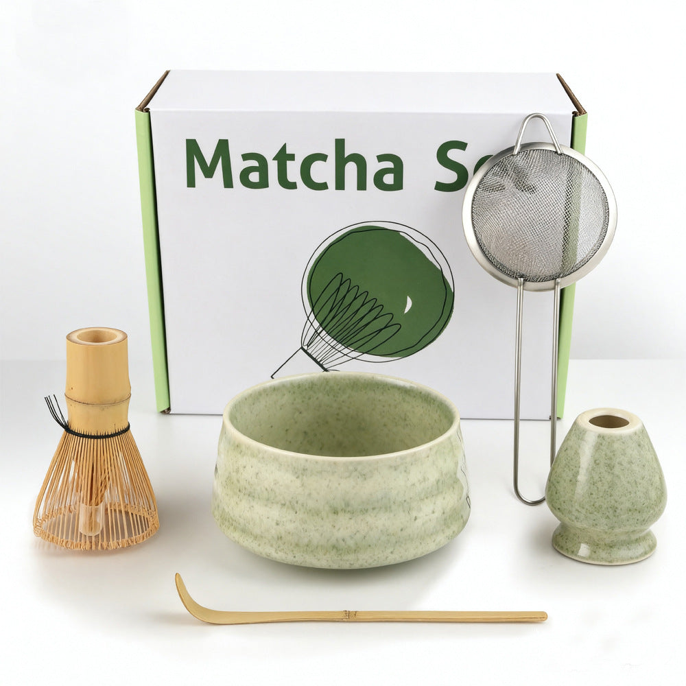 Matcha Color Ceremony 5-Piece Matcha Ceramic Tool Set - Gift Box with Whisk (Chasen), Whisk Holder (Chasen Kuse-Naoshi), Bowl, Sieve, and Scoop