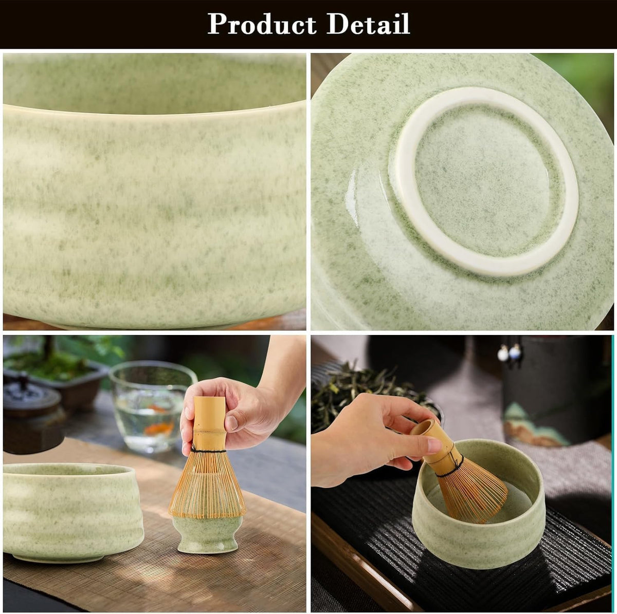 Matcha Color Ceremony 5-Piece Matcha Ceramic Tool Set - Gift Box with Whisk (Chasen), Whisk Holder (Chasen Kuse-Naoshi), Bowl, Sieve, and Scoop