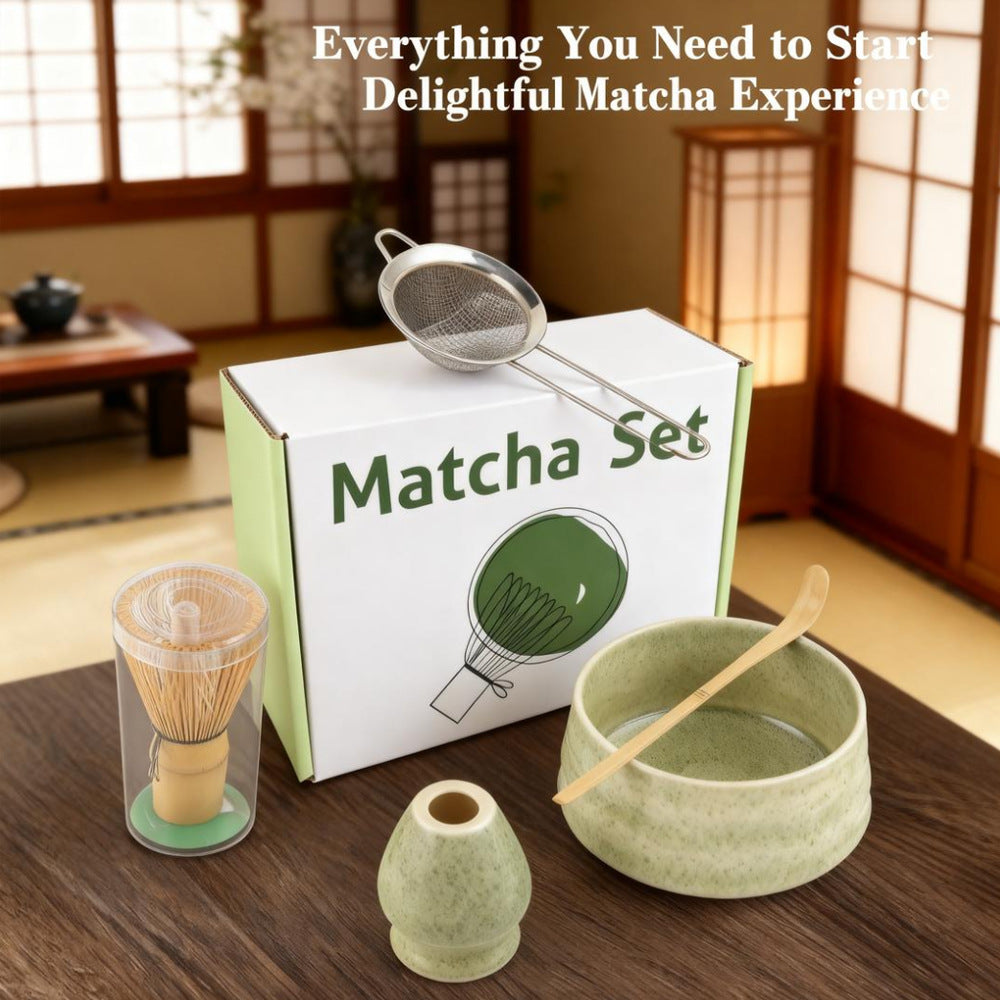 Matcha Color Ceremony 5-Piece Matcha Ceramic Tool Set - Gift Box with Whisk (Chasen), Whisk Holder (Chasen Kuse-Naoshi), Bowl, Sieve, and Scoop