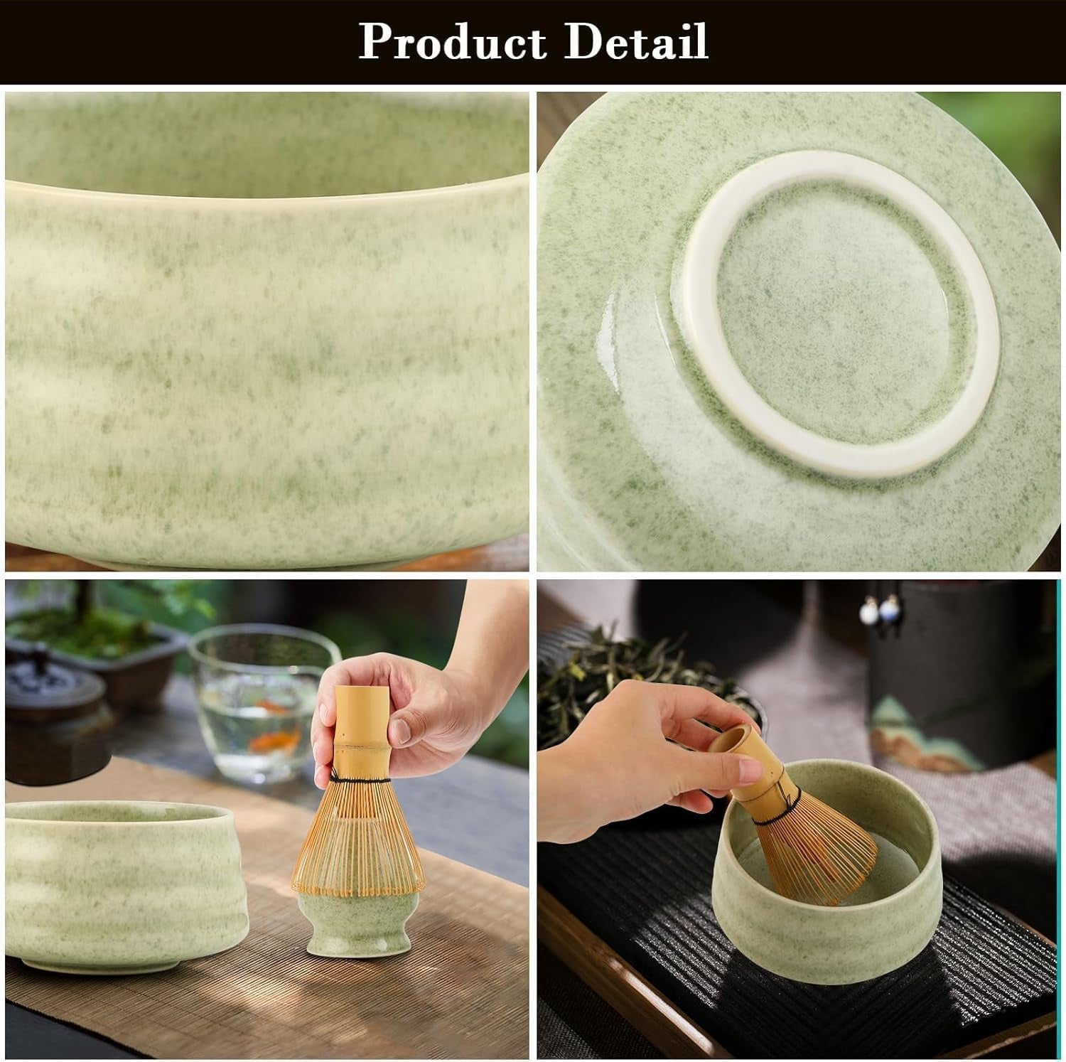 Gradient Green Ceremony 5-Piece Matcha Ceramic Tool Set - Gift Box with Whisk (Chasen), Whisk Holder (Chasen Kuse-Naoshi), Bowl, Sieve, and Scoop