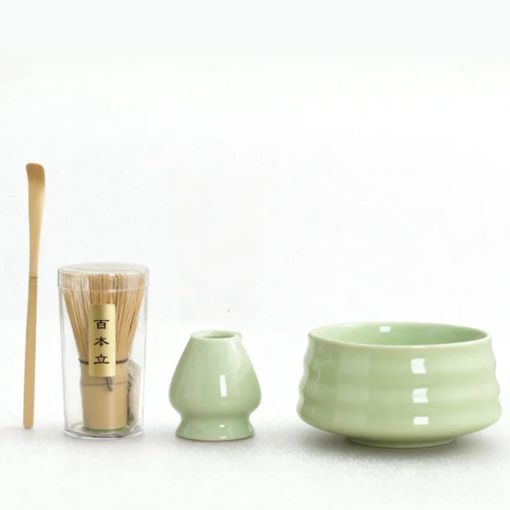 Green Ceremony 4-Piece Matcha Ceramic Tool Set - Gift Box with Whisk (Chasen), Whisk Holder (Chasen Kuse-Naoshi), Bowl, and Scoop