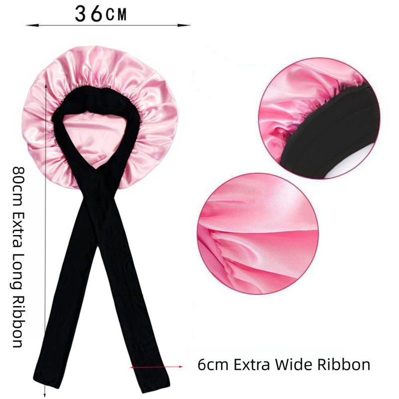 2-Pack Black Satin Bonnet with Wide Band and Bow Tie - Hair Care Sleep Cap and Turban for Women
