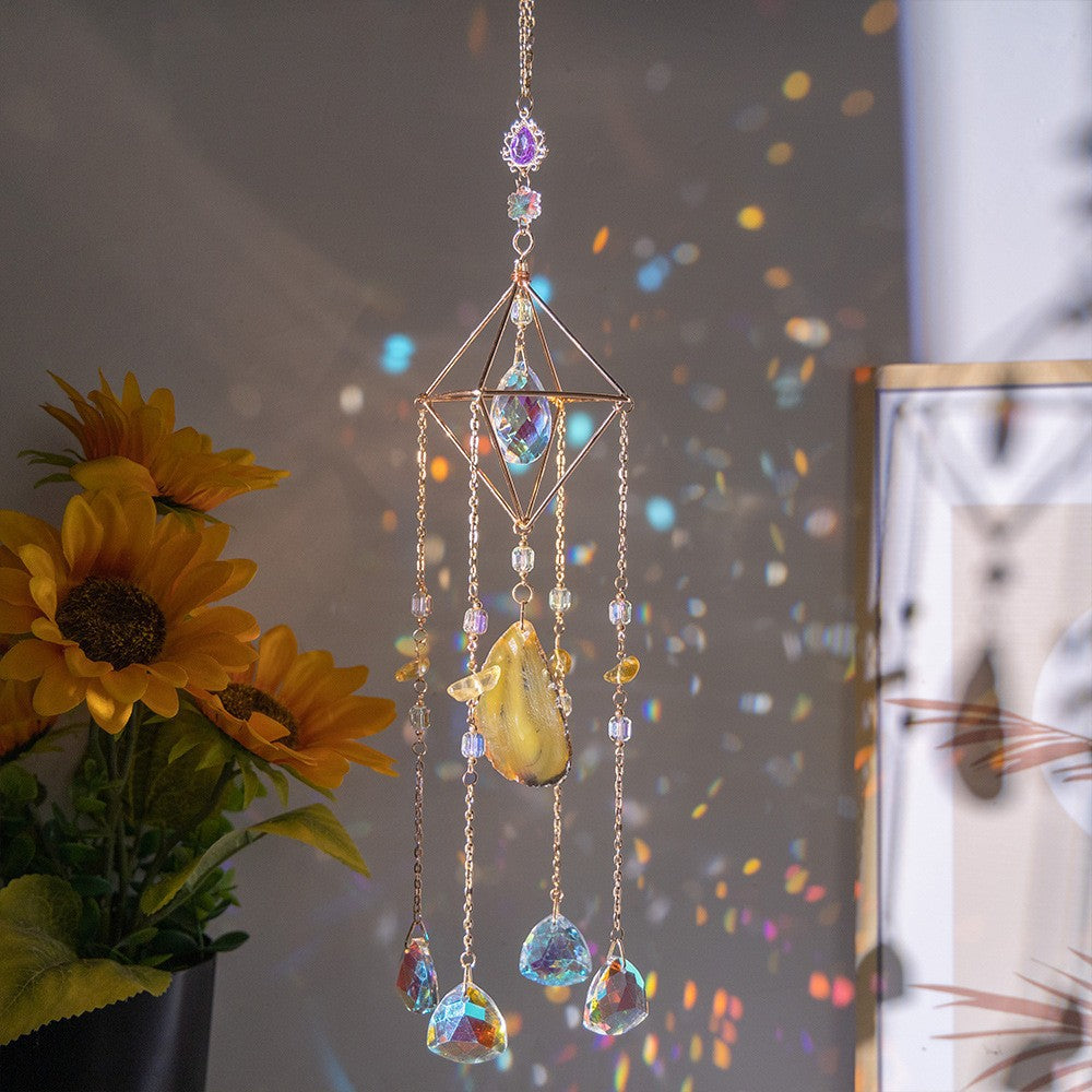 Twilight Sun Handmade Crystal Ornament - Agate Slice &amp; Prism for Window Rainbow Making