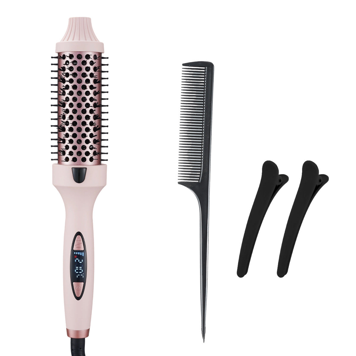 2-in-1 Pink Volumizing Hair Straightening Brush &amp; Curling Iron - Tourmaline Ceramic Heating, With 5 Adjustable Temperature Settings and Anti-Scald Shell