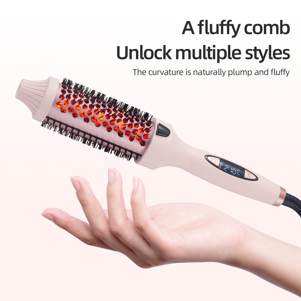 2-in-1 Pink Volumizing Hair Straightening Brush & Curling Iron - Tourmaline Ceramic Heating, With 5 Adjustable Temperature Settings and Anti-Scald Shell