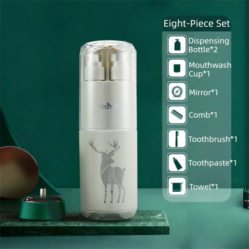 Green Deluxe 8-in-1 Travel Toiletry Set - Portable All-in-One Toothbrush Holder, Wash Cup, Towel and 2 * Refill Bottles for Travel &amp; Camping