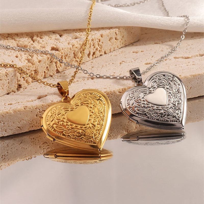 2-Pack Luxury Fading-Resistant Titanium Steel Heart Locket Necklace(Sliver &amp; Gold) - Simple Photo Frame Pendant on Collarbone Chain