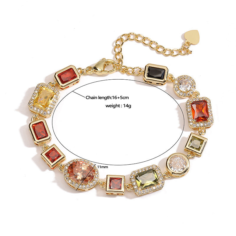White-Gold Elegant Light Luxury Geometric Colorful Gemstone Bracelet (L: 16-21CM) - Copper Cuban Chain Cuff