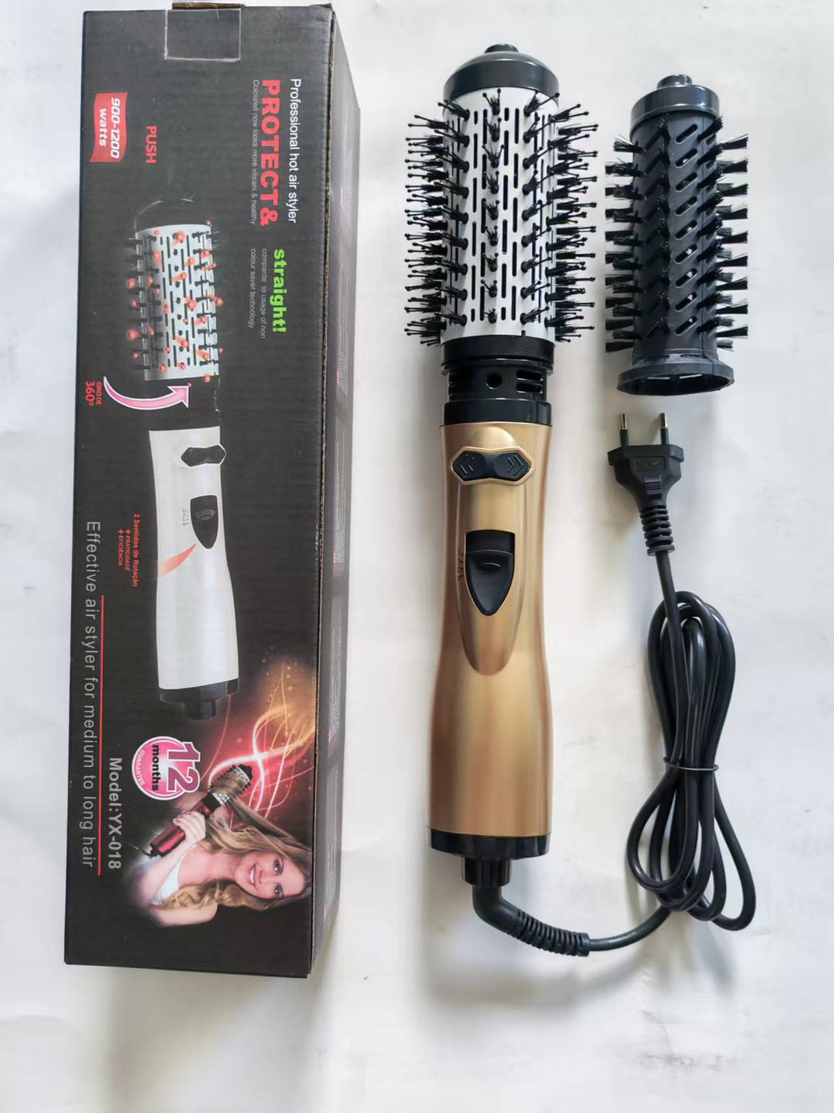2-in-1 Gold Automatic Rotating Hot Air Styler(38/50mm Curling Barrel) - Multifunctional Hair Dryer Brush, Straightener &amp; Curler with 3 Heat Settings and 360° Bi-directional Rotation