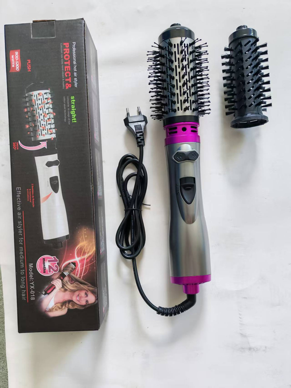 2-in-1 Grey-Purple Automatic Rotating Hot Air Styler(38/50mm Curling Barrel) - Multifunctional Hair Dryer Brush, Straightener &amp; Curler with 3 Heat Settings and 360° Bi-directional Rotation