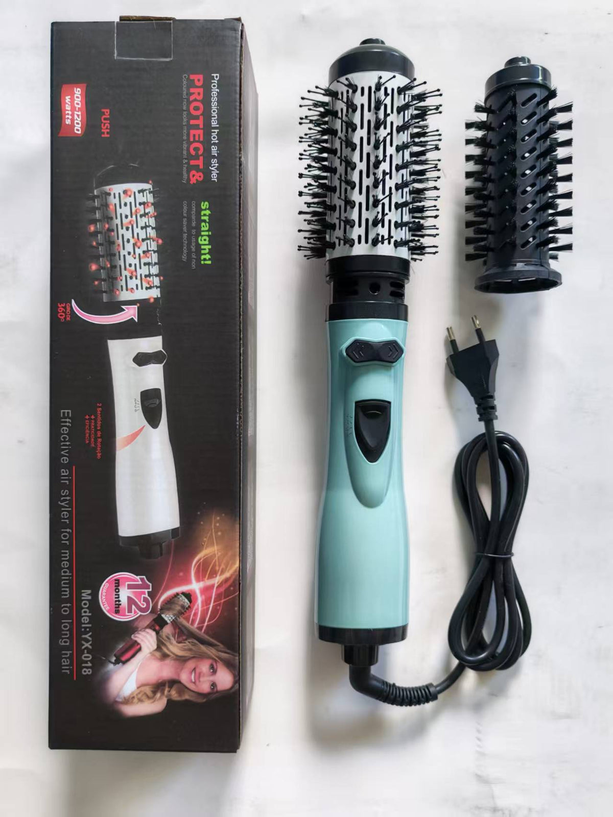 2-in-1 Blue Automatic Rotating Hot Air Styler(38/50mm Curling Barrel) - Multifunctional Hair Dryer Brush, Straightener &amp; Curler with 3 Heat Settings and 360° Bi-directional Rotation