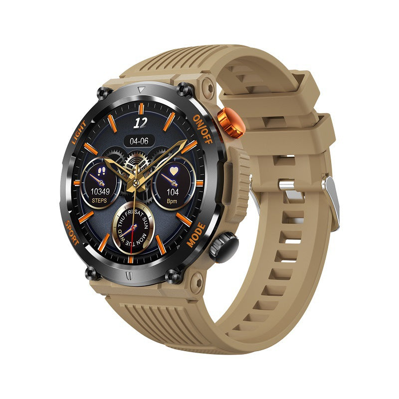 HT17 Khaki Outdoor Rugged Sports Smartwatch with Bluetooth Calling - 7-Day Battery, IP68 Waterproof, Multi-Health Monitor &amp; Fitness Tracking