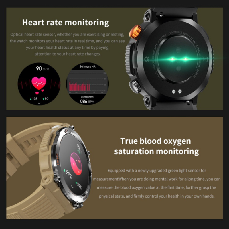 HT17 Green Outdoor Rugged Sports Smartwatch with Bluetooth Calling - 7-Day Battery, IP68 Waterproof, Multi-Health Monitor & Fitness Tracking