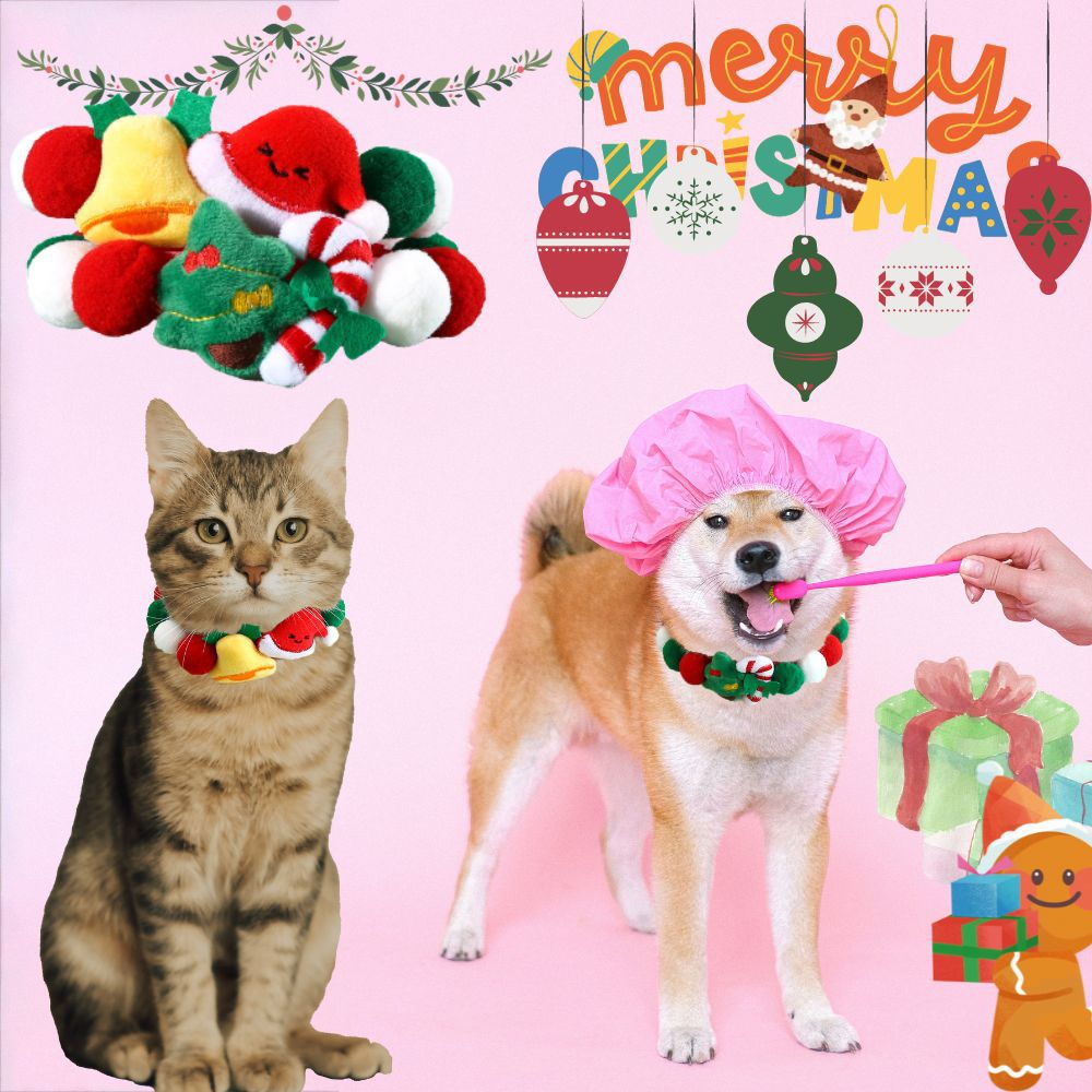 Christmas Pet Pom-Pom Adjustable Cotton Collar Set(2-Pack Size L) - Cat and Dog Holiday Costume, Cute Bell Hat and Tree Umbrella Designs