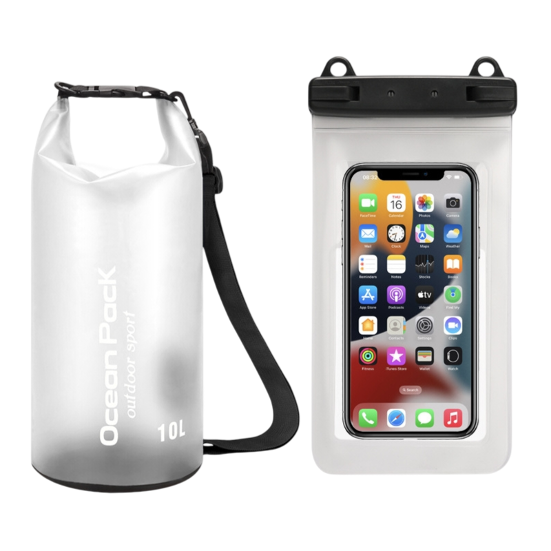 White 10L PVC Waterproof Swimming Bag Bonus with Waterproof Phone Pouch - Roll-Top Floating Dry Gear Bags for Beach, Kayaking &amp; Outdoor Sports