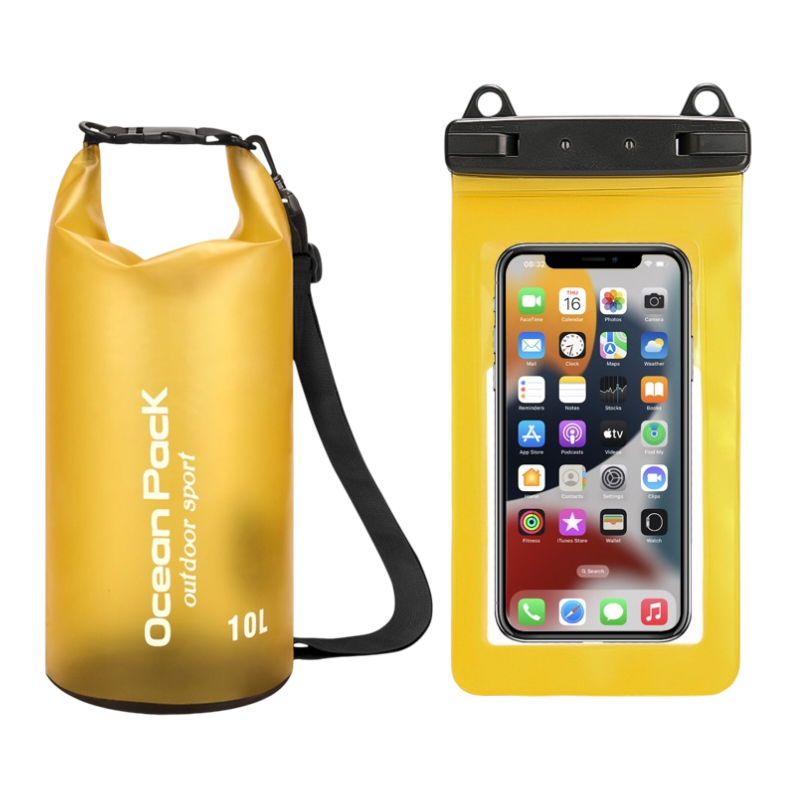 Yellow 10L PVC Waterproof Swimming Bag Bonus with Waterproof Phone Pouch - Roll-Top Floating Dry Gear Bags for Beach, Kayaking &amp; Outdoor Sports