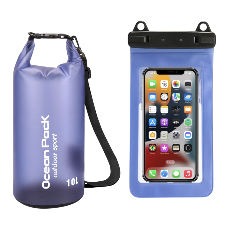 Blue Purple 10L PVC Waterproof Swimming Bag Bonus with Waterproof Phone Pouch - Roll-Top Floating Dry Gear Bags for Beach, Kayaking &amp; Outdoor Sports