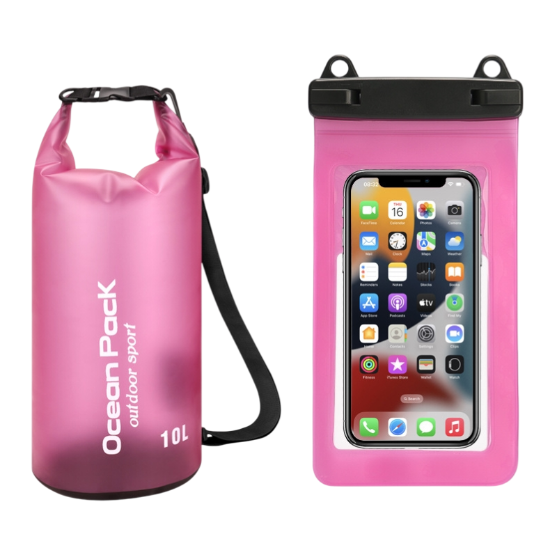 Pink 10L PVC Waterproof Swimming Bag Bonus with Waterproof Phone Pouch - Roll-Top Floating Dry Gear Bags for Beach, Kayaking & Outdoor Sports