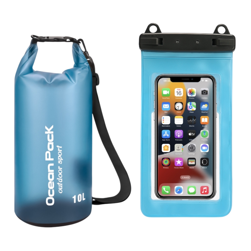 Blue 10L PVC Waterproof Swimming Bag Bonus with Waterproof Phone Pouch - Roll-Top Floating Dry Gear Bags for Beach, Kayaking &amp; Outdoor Sports