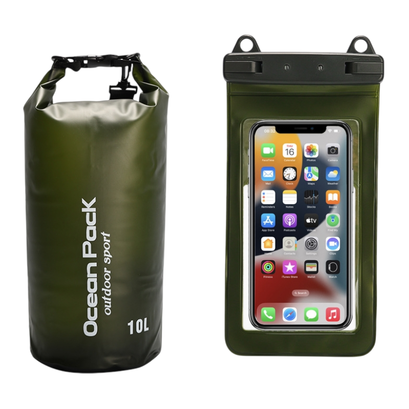 Dark Green 10L PVC Waterproof Swimming Bag Bonus with Waterproof Phone Pouch - Roll-Top Floating Dry Gear Bags for Beach, Kayaking &amp; Outdoor Sports