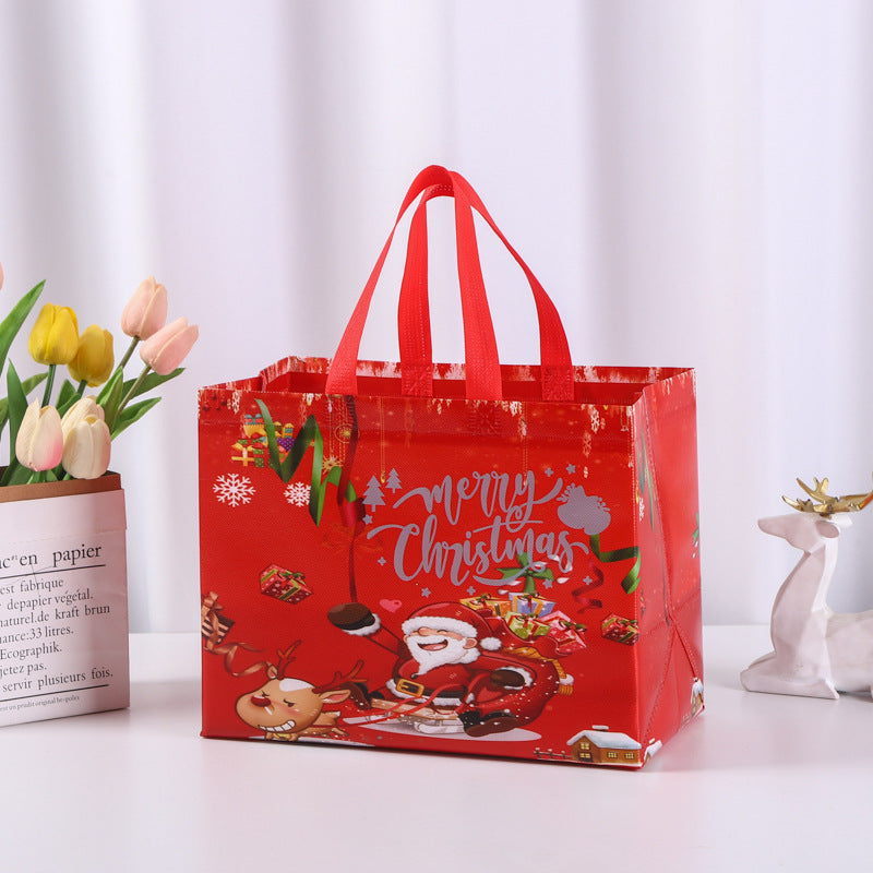8-Pack Christmas Red Non-Woven Tote Bags(32 x 25 x 17 CM) with Film Coating - Reindeer Sleigh Design Holiday Reusable Gift Carrier Bags