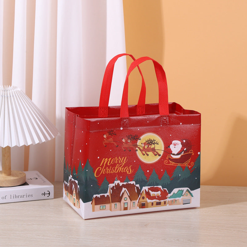 8-Pack New Christmas Red Non-Woven Tote Bags(32 x 25 x 17 CM) - Santa Sleigh &amp; Forest Design, Holiday Reusable Gift Carrier Bags